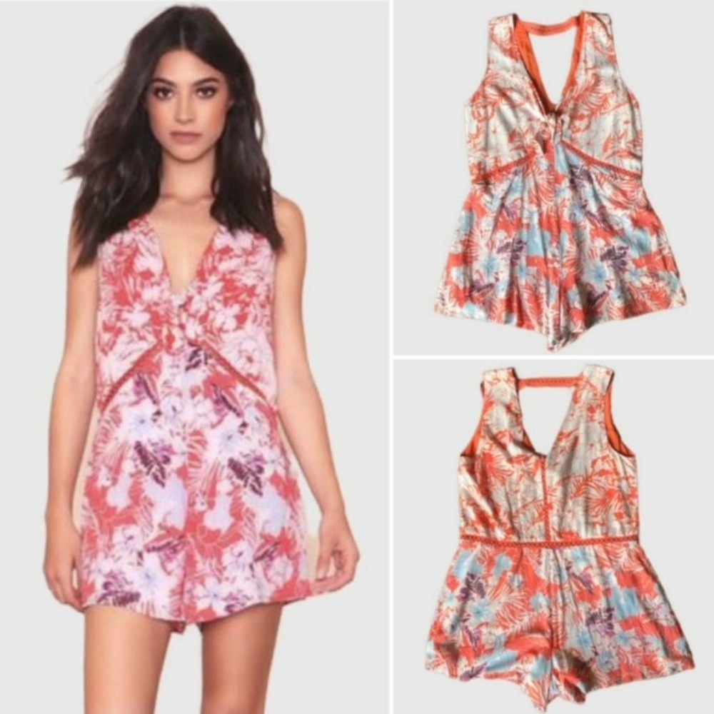 Free People Santiago Sleeveless Tie Front Floral Romper Pink-Size S